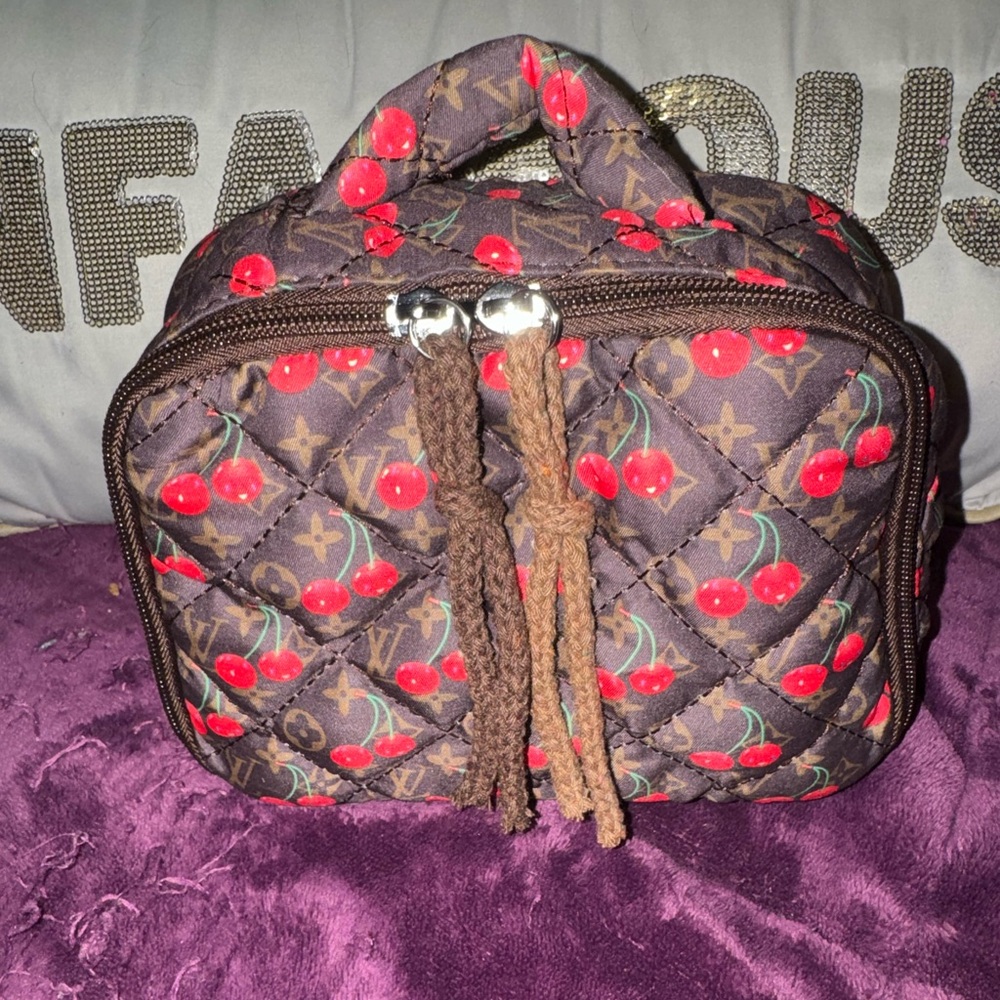 Cherry Pattern Quilted Cosmetic Bag (Last one)